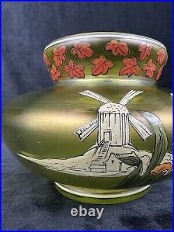 Josephinenhutte Fritz Heckert Enamelled Iridescent Glass Vase Emaille Irise Iris