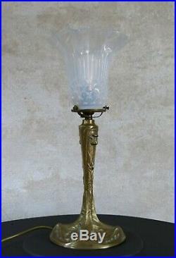LAMPE en BRONZE, art nouveau, verre opalescent, chardons, lampe bronze, Leleu