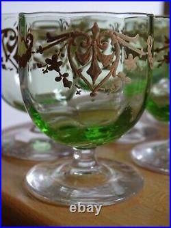 LEGRAS 6 ANCIENS VERRES LIQUEUR APERITIF CRISTAL VERT DORURE ART NOUVEAU 6,5 cm