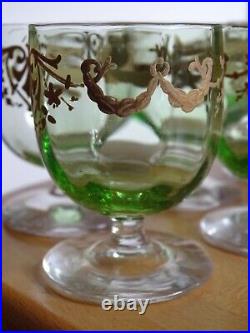 LEGRAS 6 ANCIENS VERRES LIQUEUR APERITIF CRISTAL VERT DORURE ART NOUVEAU 6,5 cm