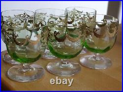 LEGRAS 6 ANCIENS VERRES LIQUEUR APERITIF CRISTAL VERT DORURE ART NOUVEAU 6,5 cm