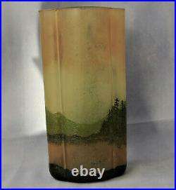 LEGRAS Vase Phénicie Verre Gravé Acide Décor Paysage Lacustre Art Nouveau
