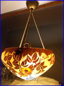 La Rochere-rare Suspension En Verre Multicouches Gravee-art Nouveau-lampe