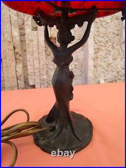 Lampe De Bureau A La Femme De Style Art Nouveau, Bronze Et Pate De Verre