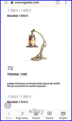 Lampe En Bronze Doré Ajourée Motifs Floraux Tulipe Scneider Travail 1900