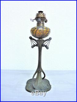 Lampe Pétrole Art Nouveau Verrerie Loetz Signée Oil Lamp Öllampe Antica Lampada