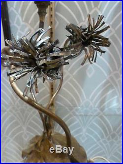 Lampe à poser pied Art Nouveau en bronze décor de chardons tulipe en verre fumé