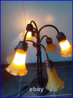 Lampe fer et tulipe pâte de verre art déco Art Nouveau 6 Feux Libellule