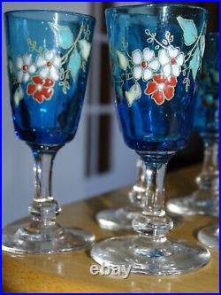 Legras 6 Anciens Verres Liqueur Verrerie Bleu Et Emaille Art Nouveau