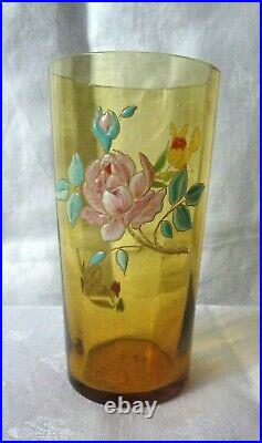 Legras Enamelled Highball Glass Verre Gobelet Emaille Fleurs Roses Art Nouveau A