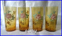 Legras Enamelled Highball Glasses Verre Gobelet Emaille Fleurs Roses Art Nouveau