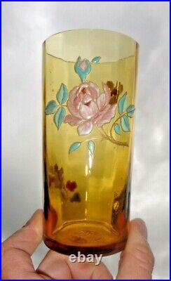 Legras Enamelled Highball Glasses Verre Gobelet Emaille Fleurs Roses Art Nouveau