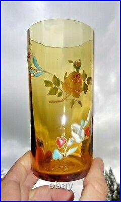 Legras Enamelled Highball Glasses Verre Gobelet Emaille Fleurs Roses Art Nouveau