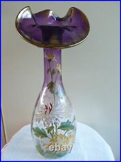 Legras Grand Vase Corolle Violette Verre Emaille Chrysanthemes