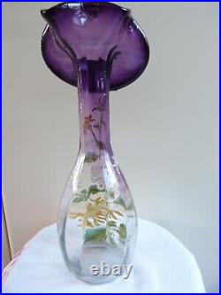 Legras Grand Vase Corolle Violette Verre Emaille Chrysanthemes