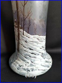 Legras / Grand vase belgrade 41cm en verre émaillé paysage neige / Art Nouveau