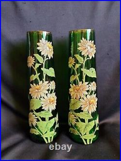 Legras / Paire de grands vases en verre vert émaillé marguerites / Art Nouveau