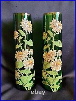 Legras / Paire de grands vases en verre vert émaillé marguerites / Art Nouveau