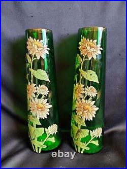 Legras / Paire de grands vases en verre vert émaillé marguerites / Art Nouveau