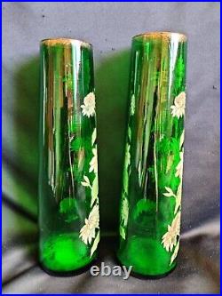 Legras / Paire de grands vases en verre vert émaillé marguerites / Art Nouveau