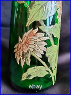 Legras / Paire de grands vases en verre vert émaillé marguerites / Art Nouveau