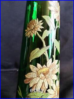 Legras / Paire de grands vases en verre vert émaillé marguerites / Art Nouveau