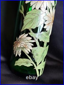 Legras / Paire de grands vases en verre vert émaillé marguerites / Art Nouveau