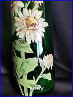 Legras / Paire de grands vases en verre vert émaillé marguerites / Art Nouveau