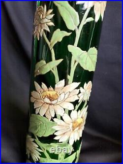 Legras / Paire de grands vases en verre vert émaillé marguerites / Art Nouveau