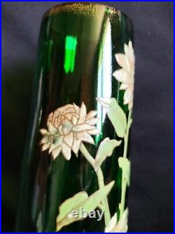 Legras / Paire de grands vases en verre vert émaillé marguerites / Art Nouveau