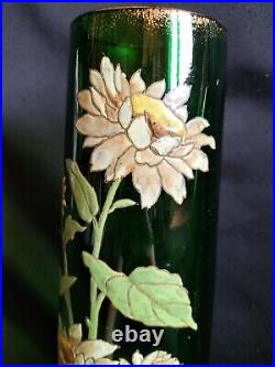 Legras / Paire de grands vases en verre vert émaillé marguerites / Art Nouveau