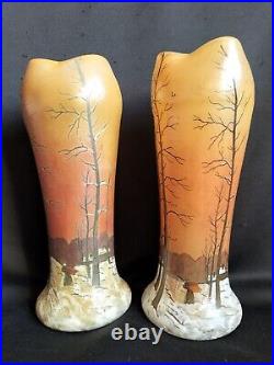 Legras / Paire de vases en verre émaillé décor paysage enneigé / Art Nouveau