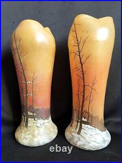 Legras / Paire de vases en verre émaillé décor paysage enneigé / Art Nouveau