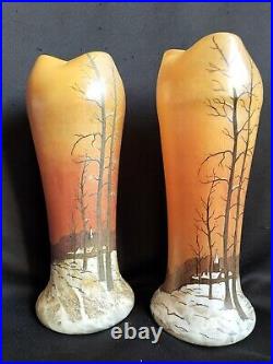 Legras / Paire de vases en verre émaillé décor paysage enneigé / Art Nouveau