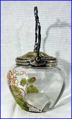Legras Victor Saglier Enamelled Jar Barrel Glass Seau Pot Biscuit Emaille Fleurs
