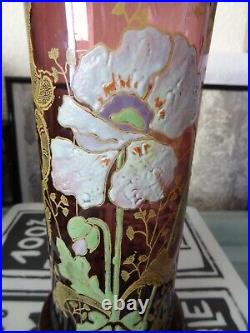 Legras ancien vase en verre émaillé à décor de pavot art nouveau