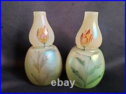 Loetz Arcadia / Paire de vases bilobés en verre irisé peint émaillé /Art Nouveau