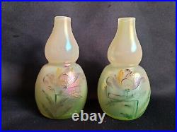 Loetz Arcadia / Paire de vases bilobés en verre irisé peint émaillé /Art Nouveau