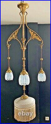 Lustre Art Nouveau WAS benson bronze-laiton verres opalescent-guimard-horta