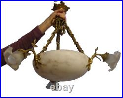 Lustre Art Nouveau en albatre avec 3 bras tulipes en verre alabaster light shade