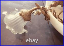 Lustre Art Nouveau en albatre avec 3 bras tulipes en verre alabaster light shade