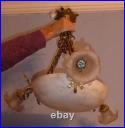 Lustre Art Nouveau en albatre avec 3 bras tulipes en verre alabaster light shade