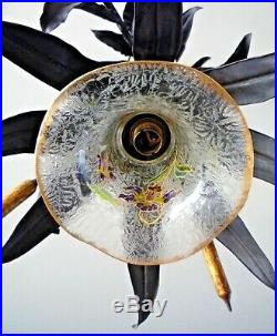 Lustre art nouveau à décor de roseaux-fer forgé-verre givré émaillé-daum-gallé