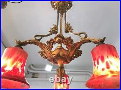 Lustre en bronze à 3 tulipes vers 1900 Luminaire Art Nouveau Verre Globe Lampe
