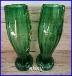Montjoye Legras Rare Paire Vases Anciens Verre Vert Emaille Fleurs Art Nouveau