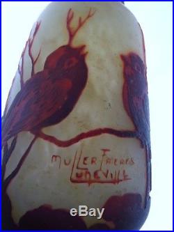 Muller Frères Lunéville lampe pâte de verre décor oiseaux sur branches