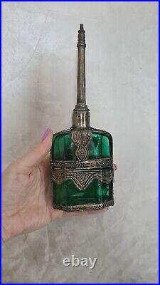 Old perfume lance or sprinkler silver metal green glass
