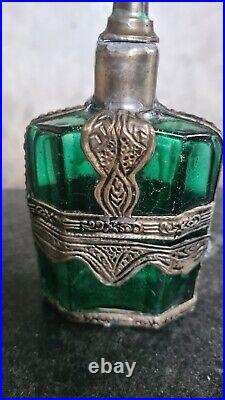 Old perfume lance or sprinkler silver metal green glass