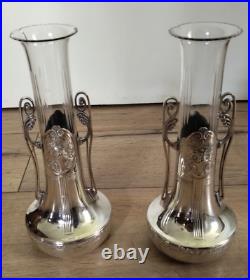 PAIRE DE VASES VERRE ET METAL ARGENTE ORIVIT JUGENSTIL ART NOUVEAU 1900 28 cm