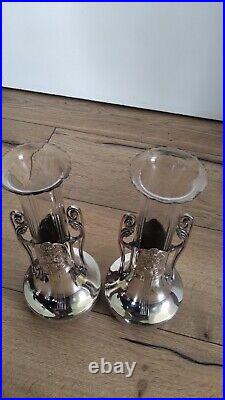 PAIRE DE VASES VERRE ET METAL ARGENTE ORIVIT JUGENSTIL ART NOUVEAU 1900 28 cm